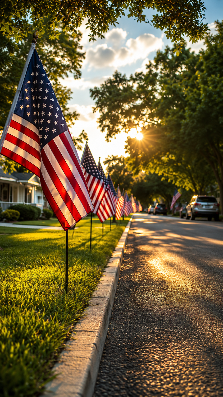 American flags lining a neighborhood street at sunset